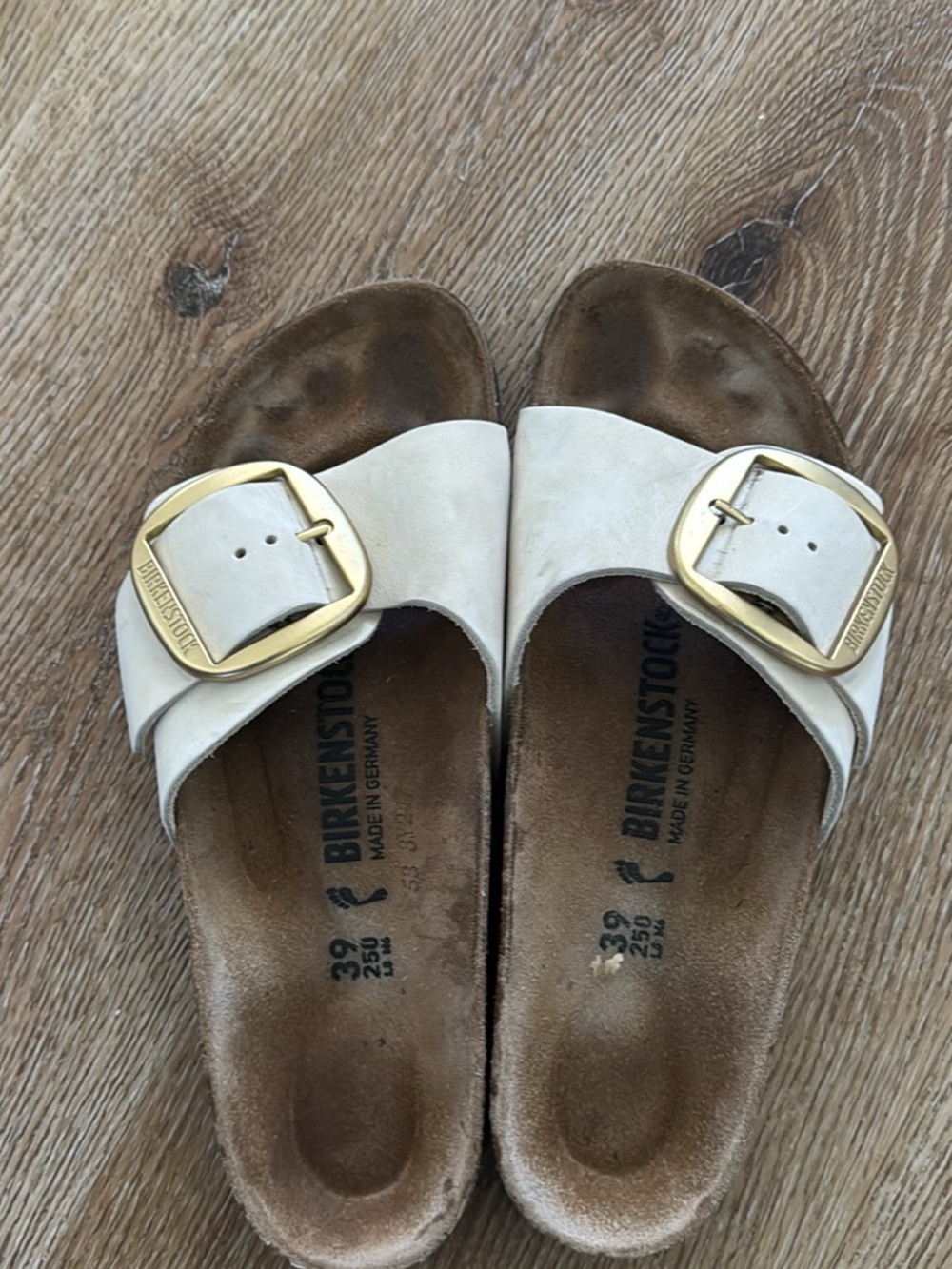 Birkenstock White Leather Madrid Big Buckle Slide Sandals - Picture 2 of 3